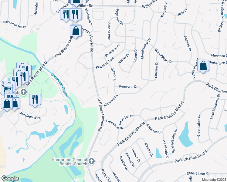 map of restaurants, bars, coffee shops, grocery stores, and more near 5 Danson Drive in St. Peters