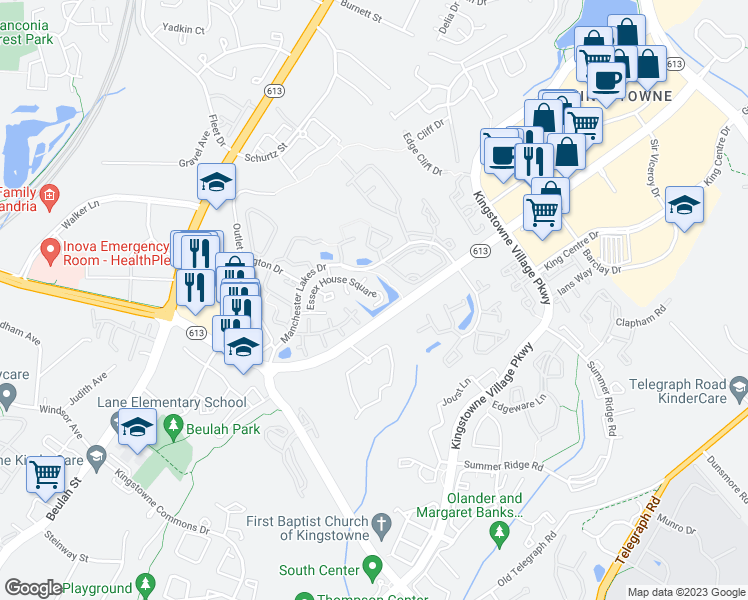 map of restaurants, bars, coffee shops, grocery stores, and more near 6043A Essex House Square in Alexandria