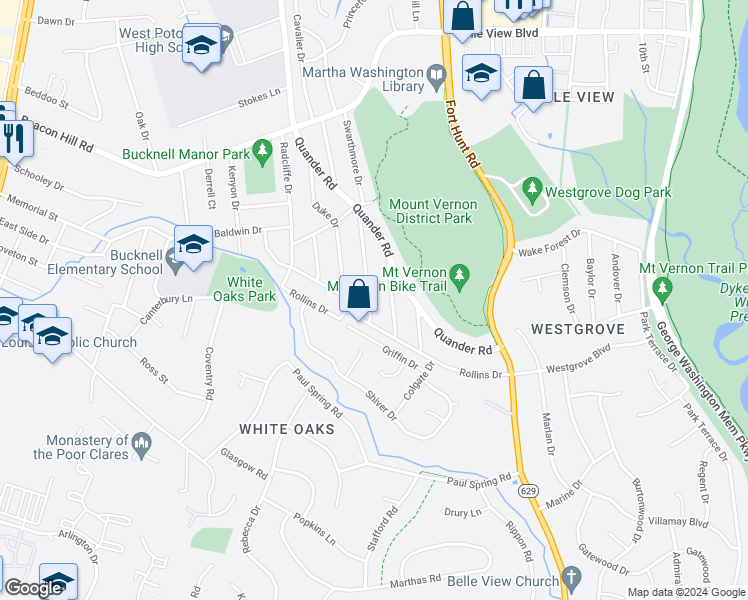 map of restaurants, bars, coffee shops, grocery stores, and more near 6933 Columbia Drive in Alexandria