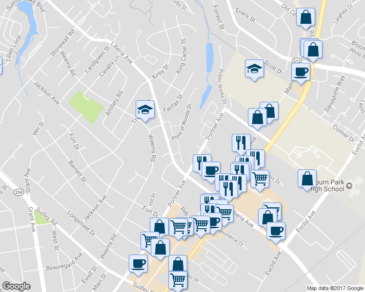 map of restaurants, bars, coffee shops, grocery stores, and more near 8724 Bretton Woods Drive in Manassas