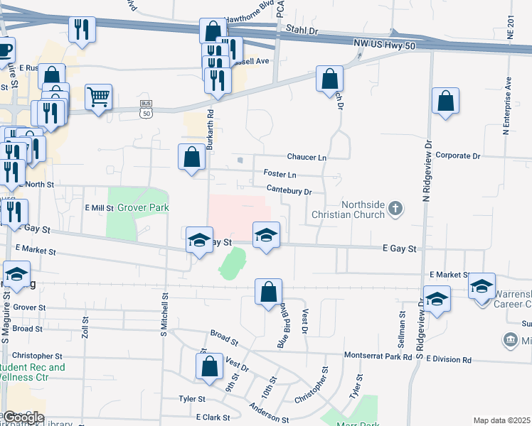 map of restaurants, bars, coffee shops, grocery stores, and more near 415 Burkarth Road in Warrensburg