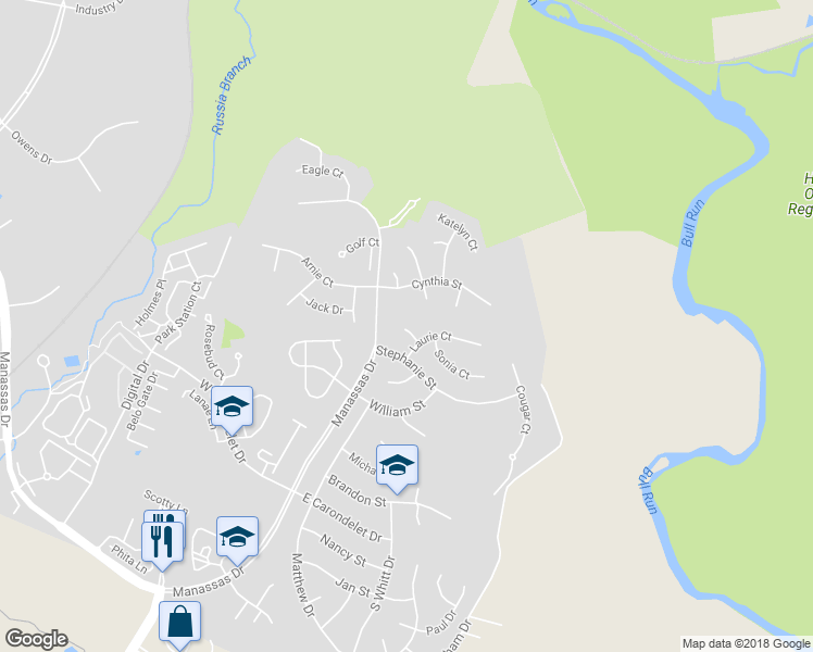 map of restaurants, bars, coffee shops, grocery stores, and more near 9406 Paige Court in Manassas Park