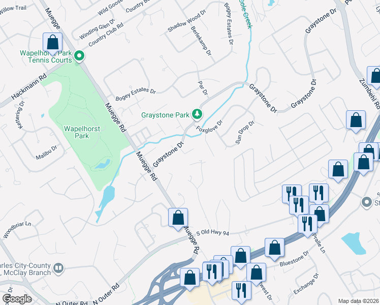 map of restaurants, bars, coffee shops, grocery stores, and more near 25 Graystone Court in Saint Charles