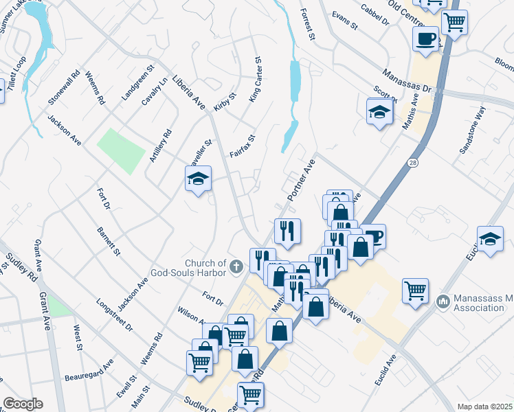map of restaurants, bars, coffee shops, grocery stores, and more near 8724 Bretton Woods Drive in Manassas