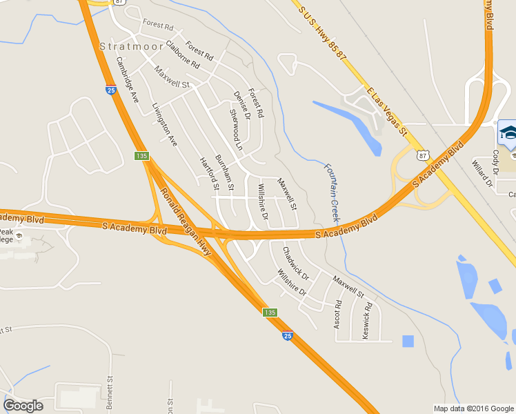 map of restaurants, bars, coffee shops, grocery stores, and more near 1404 Willshire Drive in Colorado Springs
