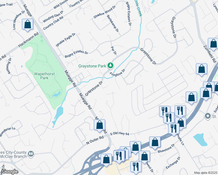 map of restaurants, bars, coffee shops, grocery stores, and more near 25 Graystone Court in Saint Charles