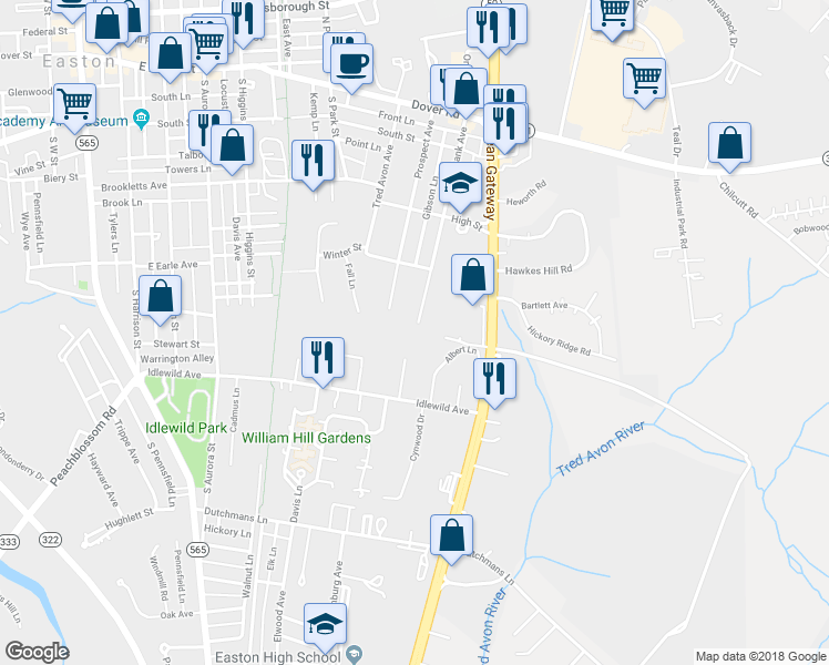 map of restaurants, bars, coffee shops, grocery stores, and more near 319 Choptank Avenue in Easton