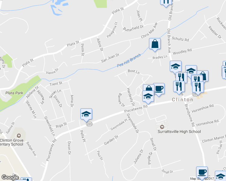 map of restaurants, bars, coffee shops, grocery stores, and more near 9205 Piscataway Road in Clinton