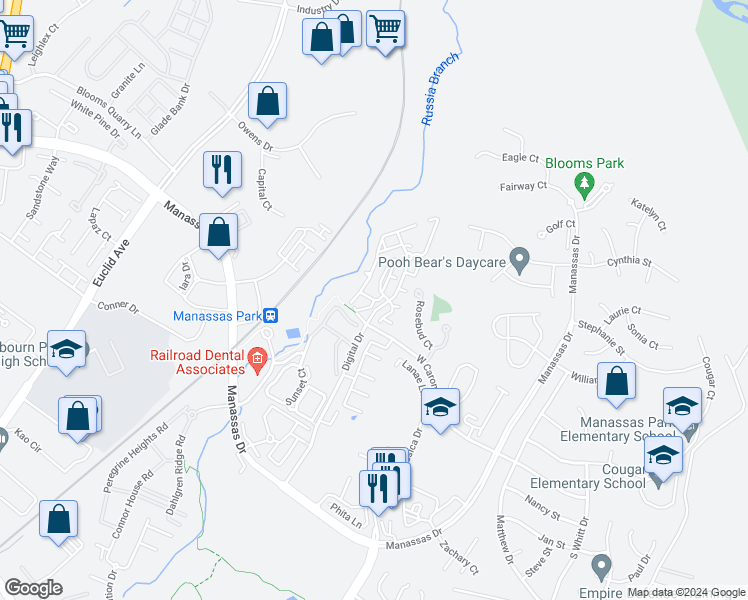 map of restaurants, bars, coffee shops, grocery stores, and more near 9700 Elzey Place in Manassas