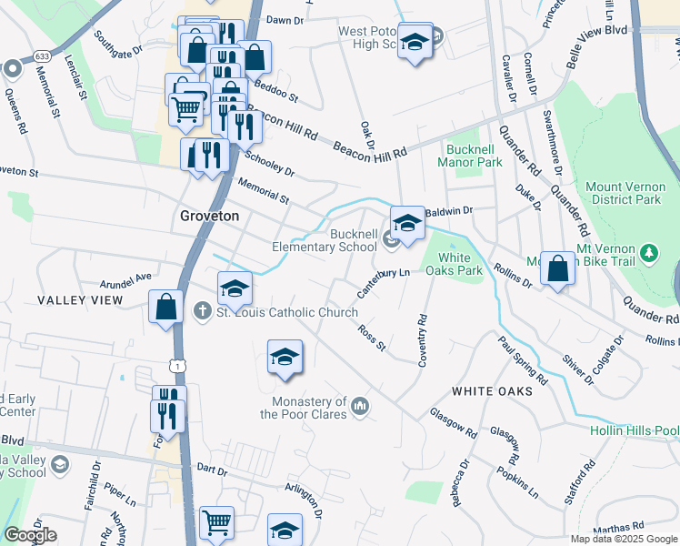 map of restaurants, bars, coffee shops, grocery stores, and more near 6956 Westhampton Drive in Alexandria