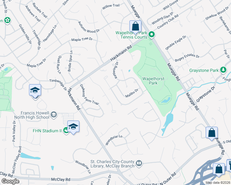map of restaurants, bars, coffee shops, grocery stores, and more near 2708 Kettering Drive in Saint Charles