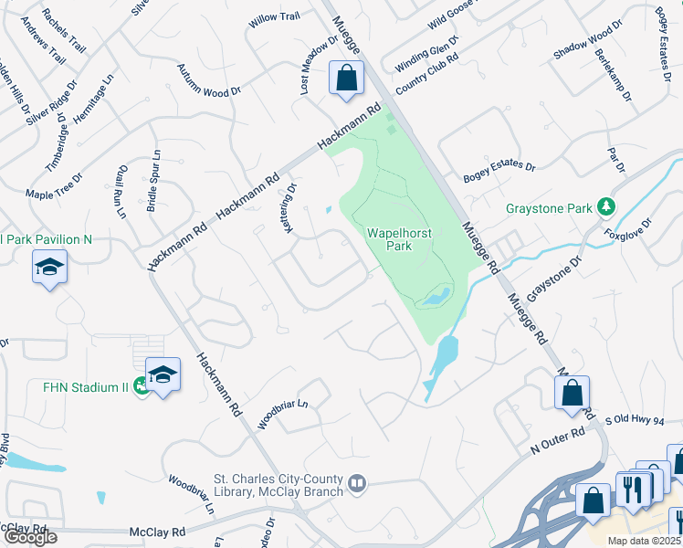 map of restaurants, bars, coffee shops, grocery stores, and more near 2313 Malibu Drive in Saint Charles