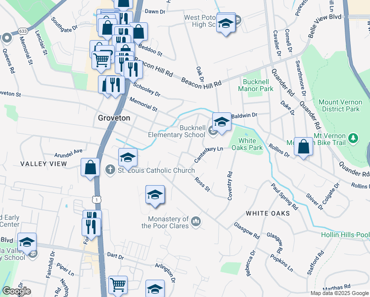map of restaurants, bars, coffee shops, grocery stores, and more near 6956 Westhampton Drive in Alexandria