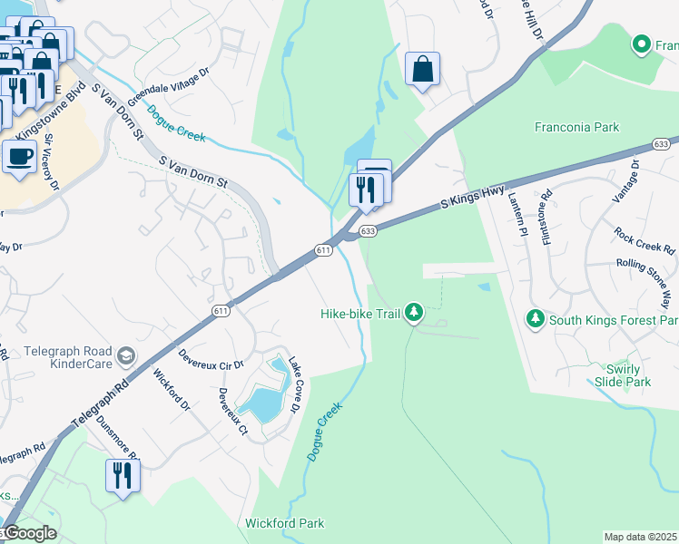 map of restaurants, bars, coffee shops, grocery stores, and more near 7402 Convair Drive in Alexandria