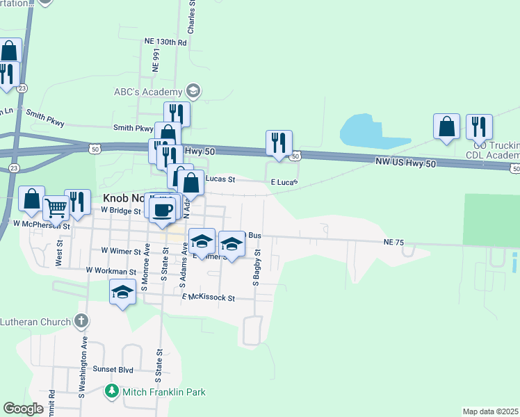 map of restaurants, bars, coffee shops, grocery stores, and more near 203 Center Street in Knob Noster