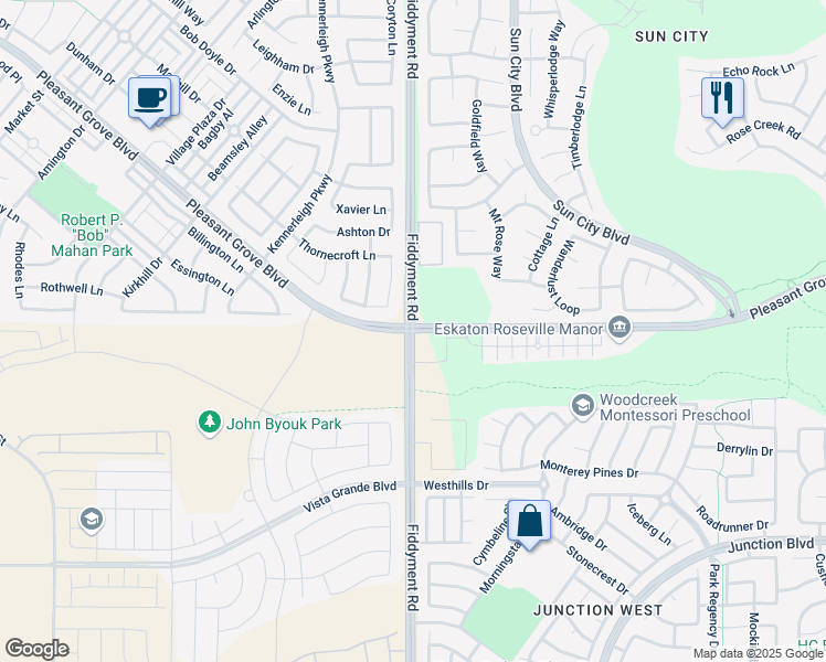 map of restaurants, bars, coffee shops, grocery stores, and more near Pleasant Grove Blvd & Fiddyment Rd in Roseville