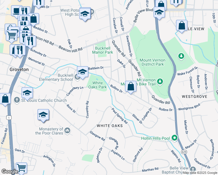 map of restaurants, bars, coffee shops, grocery stores, and more near 2237 Rollins Drive in Alexandria