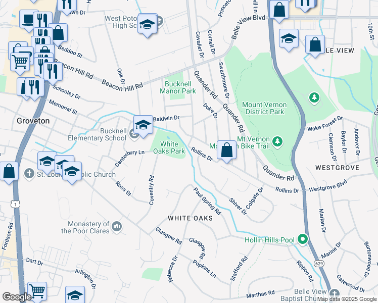 map of restaurants, bars, coffee shops, grocery stores, and more near 2237 Rollins Drive in Alexandria