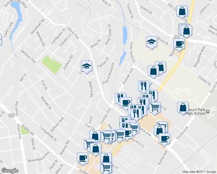 map of restaurants, bars, coffee shops, grocery stores, and more near 8720 Bretton Woods Drive in Manassas