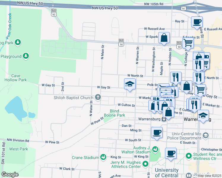 map of restaurants, bars, coffee shops, grocery stores, and more near 408 West Gay Street in Warrensburg