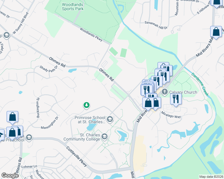 map of restaurants, bars, coffee shops, grocery stores, and more near 106 Katiemist Drive in St. Peters