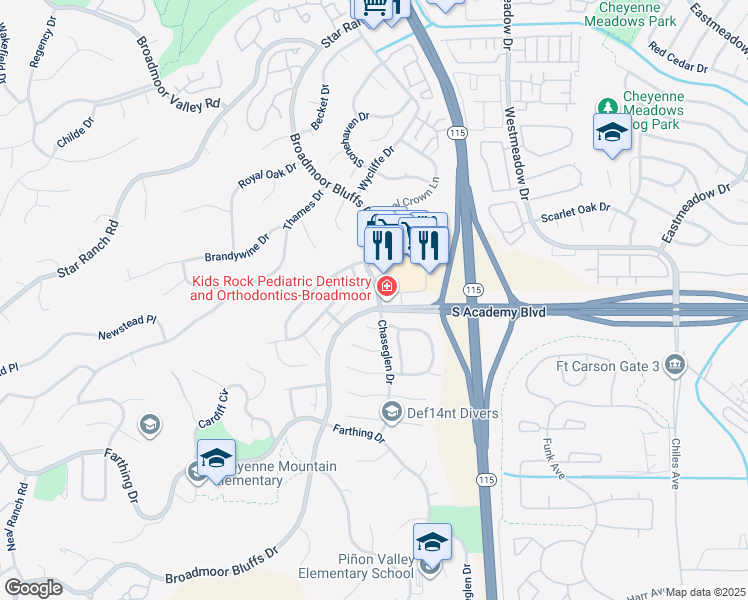 map of restaurants, bars, coffee shops, grocery stores, and more near 4534 Palisades Park View in Colorado Springs