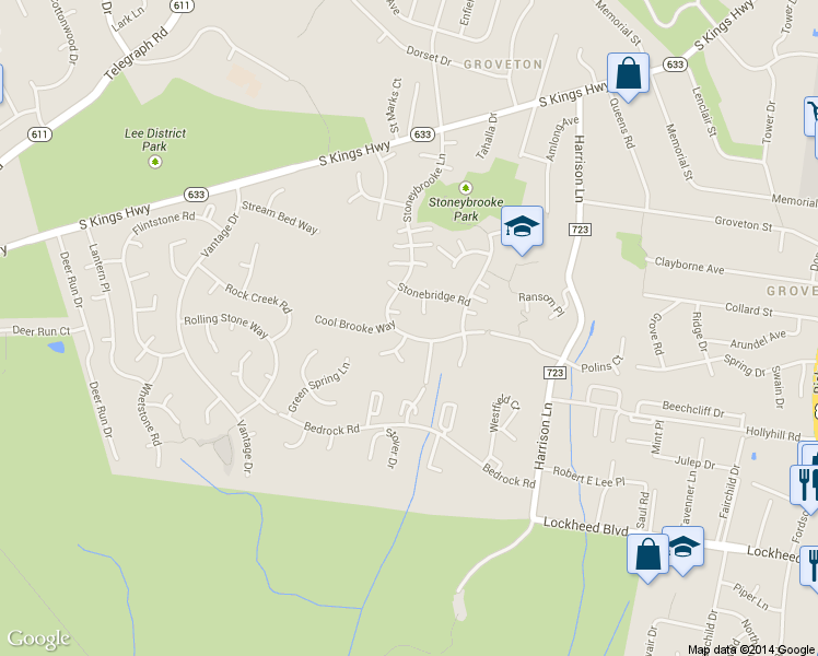 map of restaurants, bars, coffee shops, grocery stores, and more near 6921 Stoneybrooke Lane in Alexandria