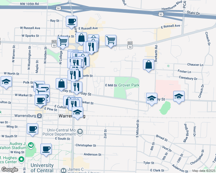 map of restaurants, bars, coffee shops, grocery stores, and more near 418 East Mill Street in Warrensburg