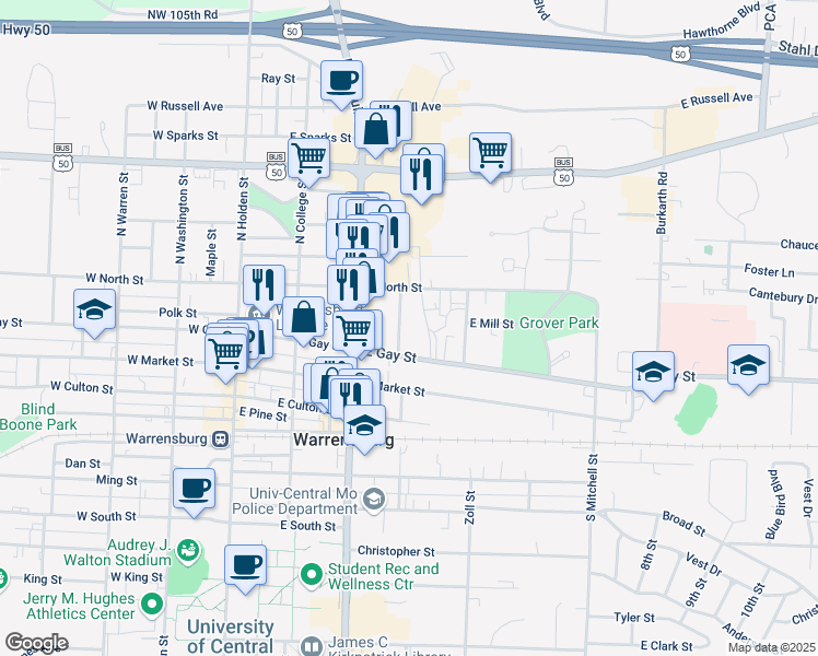 map of restaurants, bars, coffee shops, grocery stores, and more near 407 North Charles Street in Warrensburg