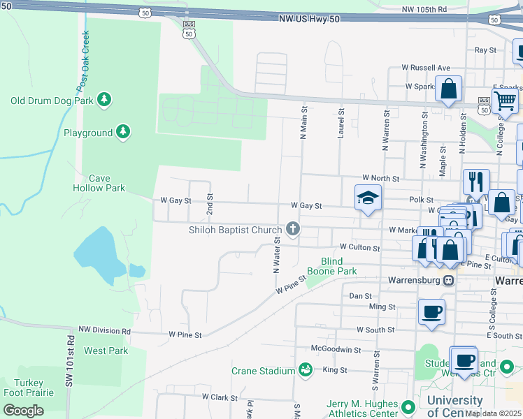 map of restaurants, bars, coffee shops, grocery stores, and more near 602 West Gay Street in Warrensburg
