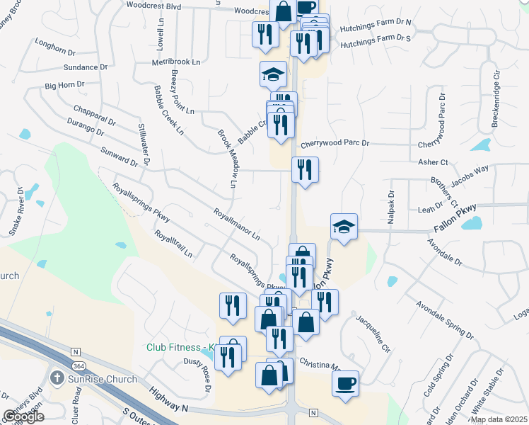 map of restaurants, bars, coffee shops, grocery stores, and more near 28 Royallbend Court in O'Fallon