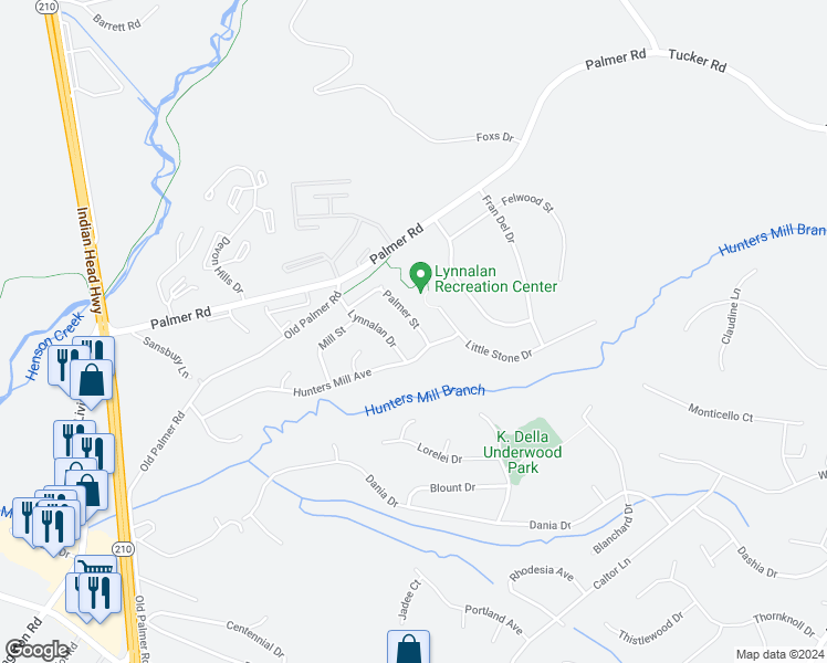 map of restaurants, bars, coffee shops, grocery stores, and more near 9013 Palmer Street in Fort Washington