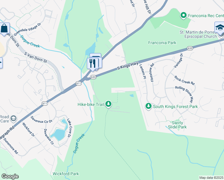 map of restaurants, bars, coffee shops, grocery stores, and more near 4746 Deer Run Court in Alexandria