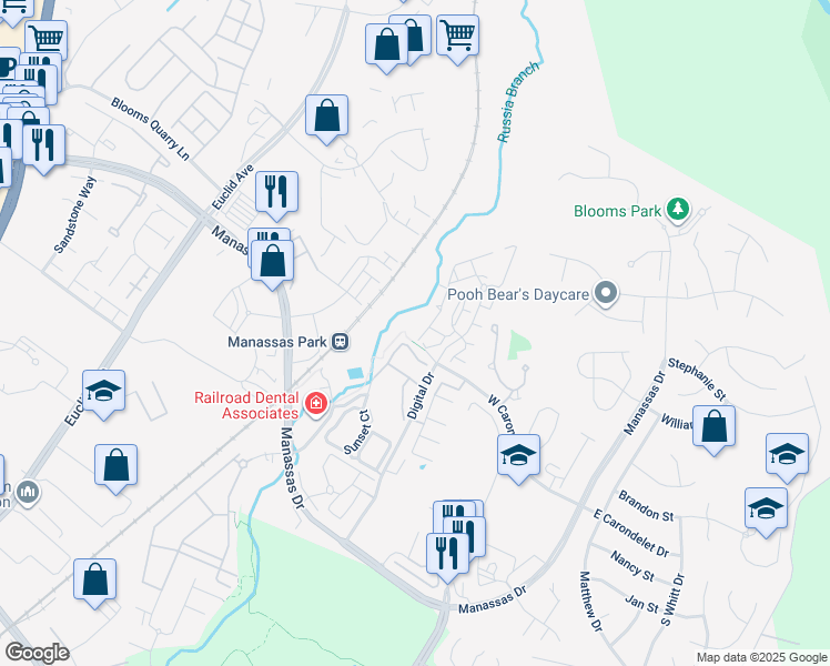 map of restaurants, bars, coffee shops, grocery stores, and more near 9720 Holmes Place in Manassas Park