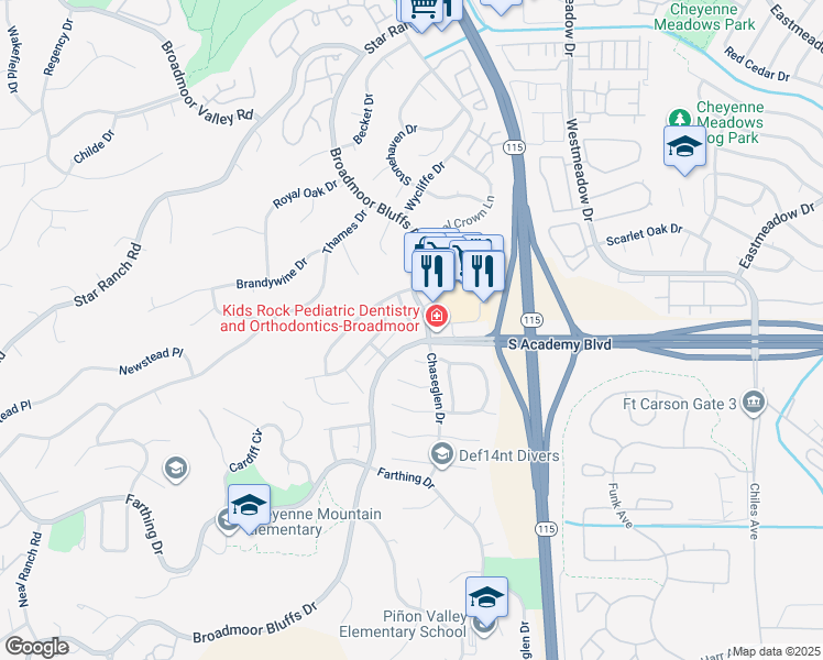 map of restaurants, bars, coffee shops, grocery stores, and more near 4534 Palisades Park View in Colorado Springs