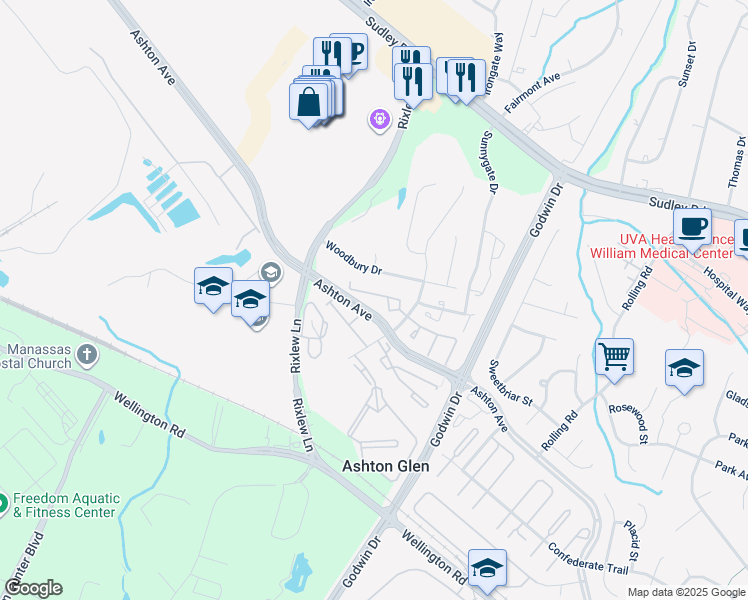 map of restaurants, bars, coffee shops, grocery stores, and more near 10145 Statesboro Court in Manassas