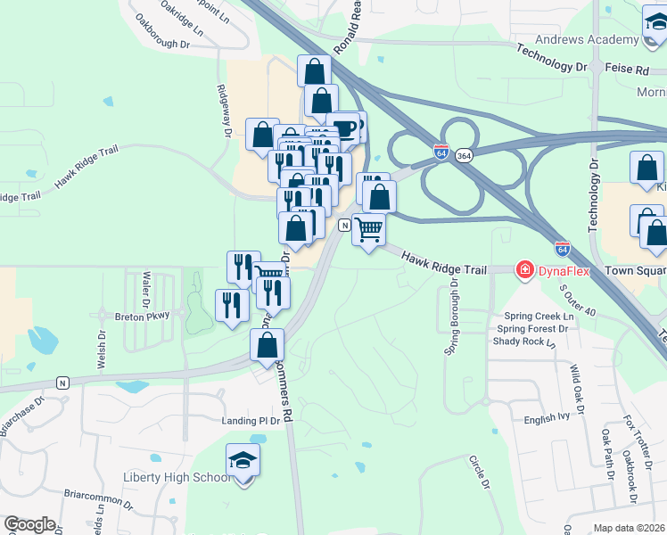 map of restaurants, bars, coffee shops, grocery stores, and more near 6401 Ronald Reagan Drive in Lake Saint Louis