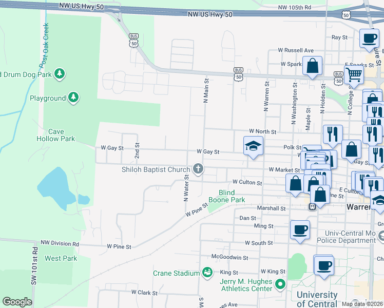 map of restaurants, bars, coffee shops, grocery stores, and more near 508 West Gay Street in Warrensburg