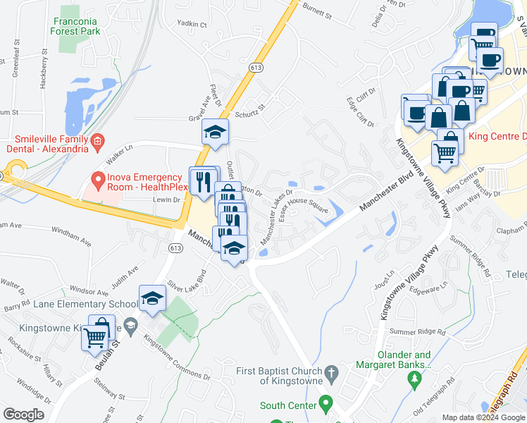 map of restaurants, bars, coffee shops, grocery stores, and more near 7017 Old Brentford Road in Alexandria