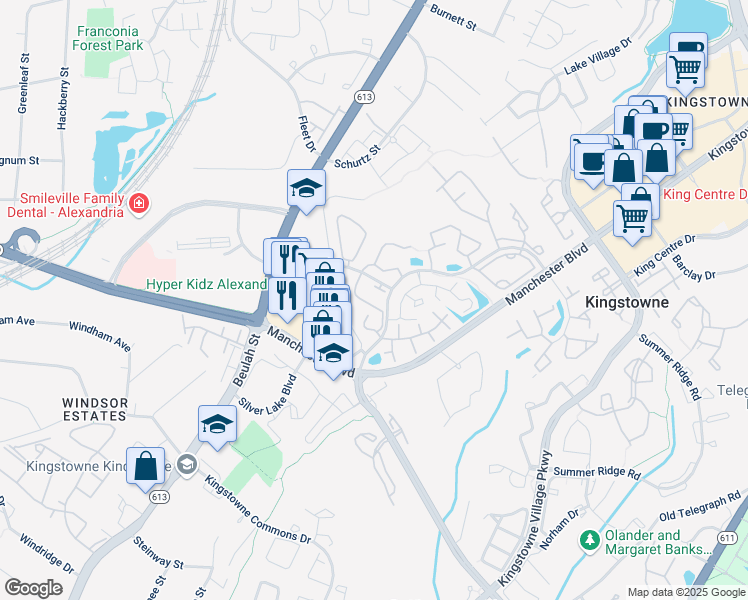 map of restaurants, bars, coffee shops, grocery stores, and more near 7015 Old Brentford Road in Alexandria