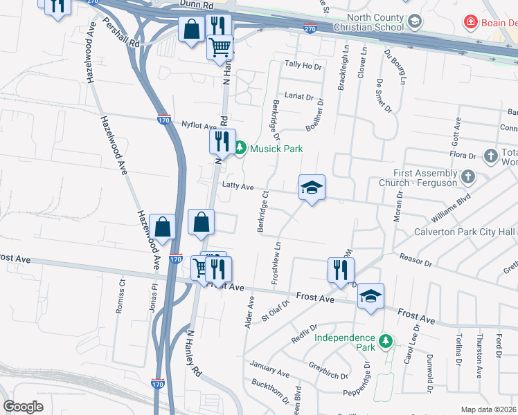 map of restaurants, bars, coffee shops, grocery stores, and more near 6922 Berkridge Court in Hazelwood