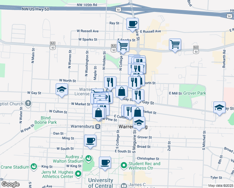 map of restaurants, bars, coffee shops, grocery stores, and more near 141 East Gay Street in Warrensburg