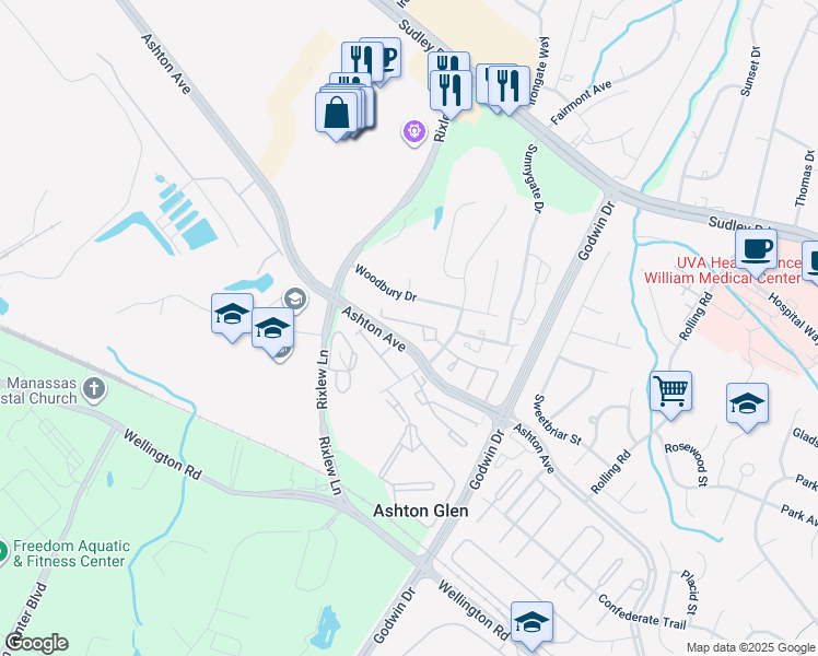 map of restaurants, bars, coffee shops, grocery stores, and more near 10145 Statesboro Court in Manassas