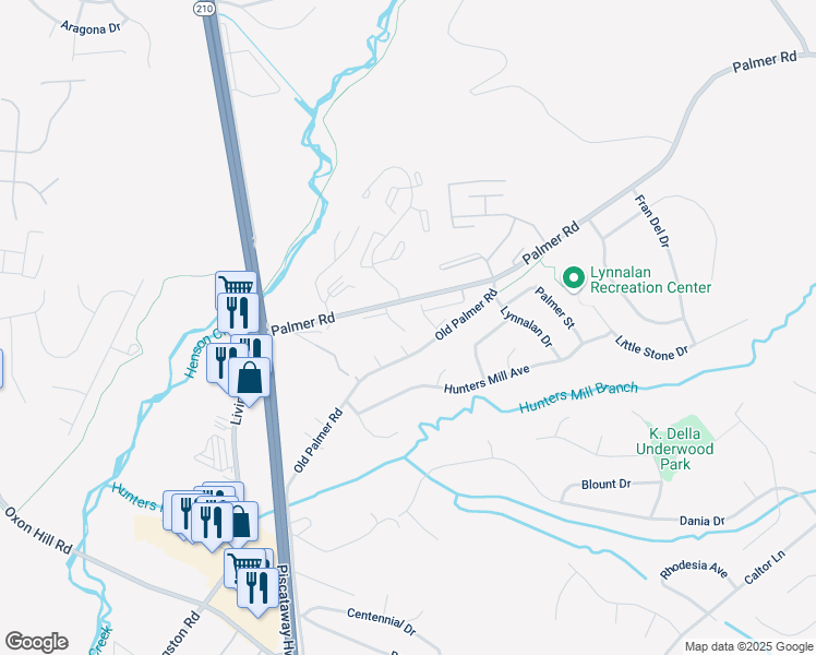 map of restaurants, bars, coffee shops, grocery stores, and more near 1105 Palmer Road in Fort Washington