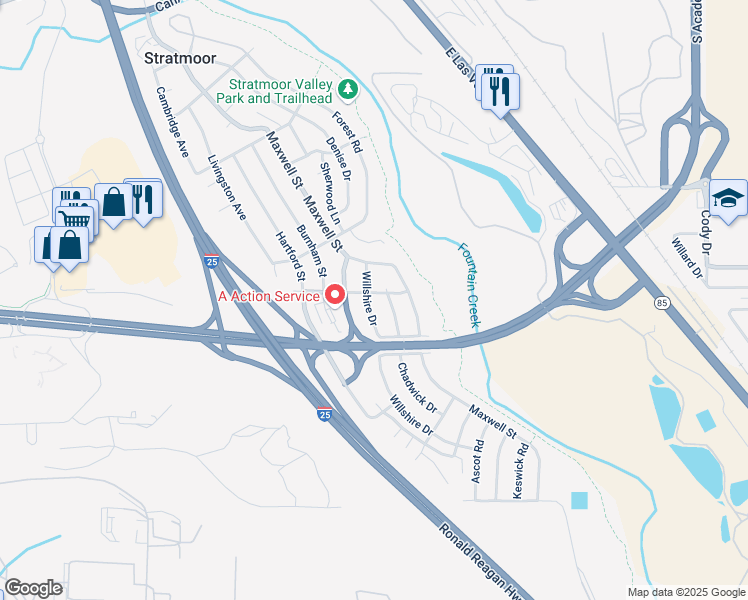 map of restaurants, bars, coffee shops, grocery stores, and more near 1404 Willshire Drive in Colorado Springs