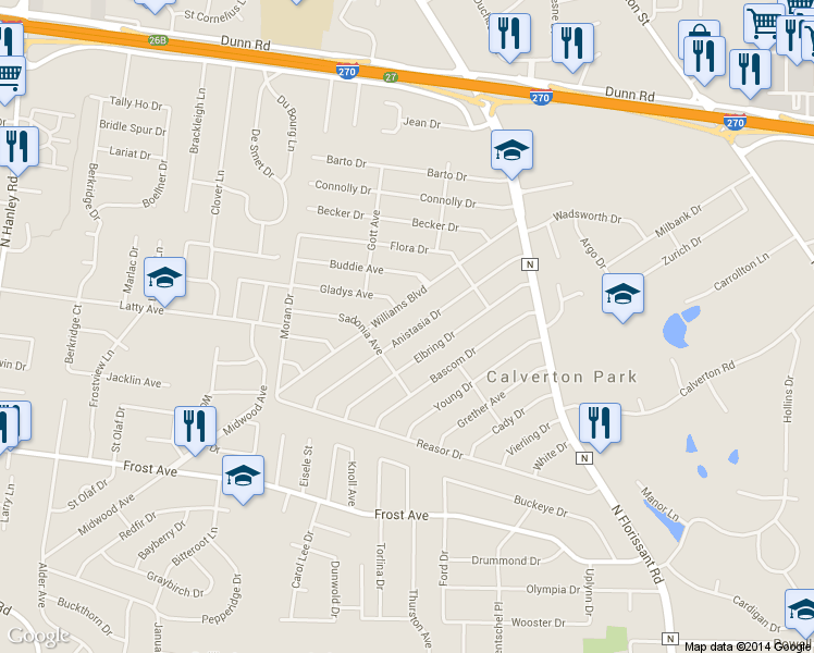 map of restaurants, bars, coffee shops, grocery stores, and more near 154 Anistasia Drive in St. Louis