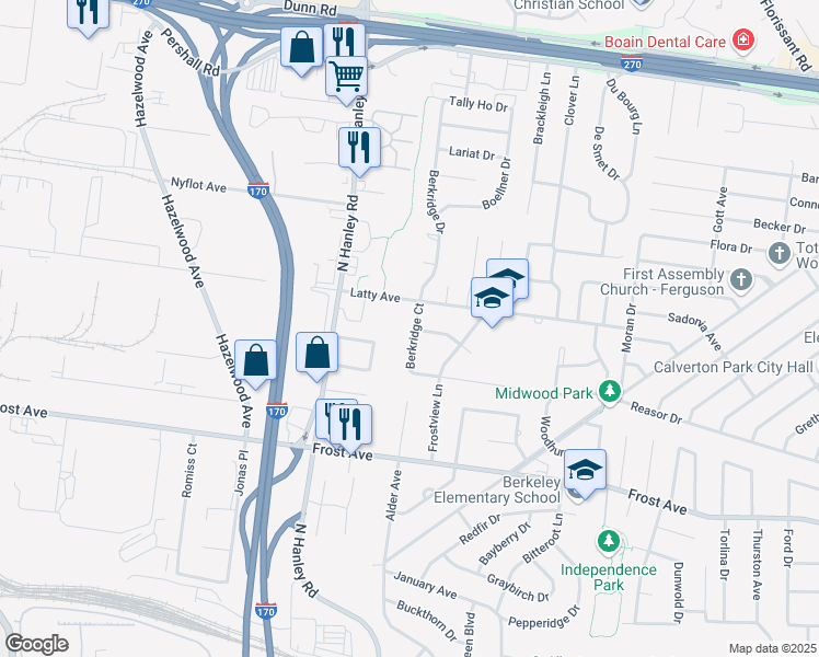 map of restaurants, bars, coffee shops, grocery stores, and more near 6922 Berkridge Court in Hazelwood