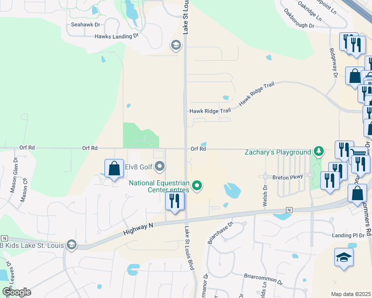 map of restaurants, bars, coffee shops, grocery stores, and more near Orf Road in Lake Saint Louis