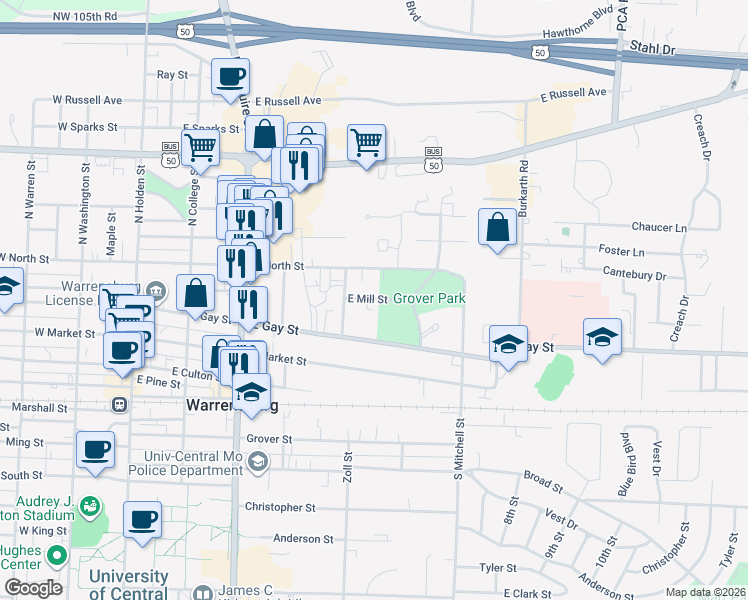 map of restaurants, bars, coffee shops, grocery stores, and more near 448 East Mill Street in Warrensburg