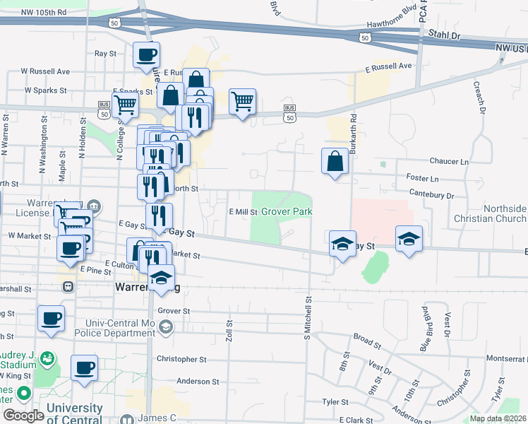 map of restaurants, bars, coffee shops, grocery stores, and more near 480 East Mill Street in Warrensburg